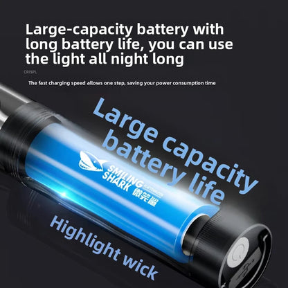 Smiling Shark 2in1 Strong Flashlight Multi-color Mood Light USB Rechargeable Built in Battery Multi Functional LED Torch, Portable For Outdoor Night Riding Camping Fishing Walking