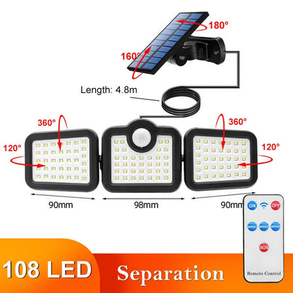 Elfeland 108/122/138/171 LED Solar Lights 3 Head Motion Sensor 270 Wide Angle Illumination Outdoor Waterproof Remote Control Wall Lamp