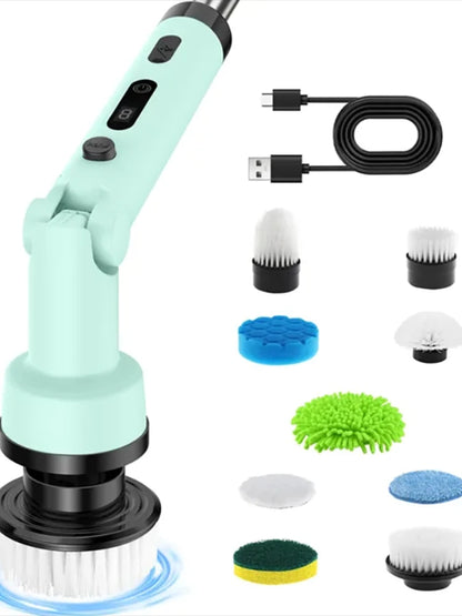 Foldable Rotating Cordless Long Handle Electric Cleaning Brush with 9 Heads Long Handle Electric Cleaning Brush Household Handheld Multifunctional Foldable Rotating No Dead Angle Cleaning Kitchen Bathroom