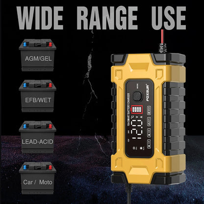 FOXSUR 12V 24V 10A Battery Charger with Intelligent Repair Screen Display for Cars and Motorcycles