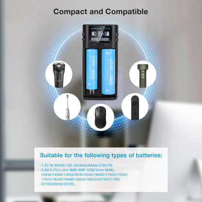 Astrolux VC02 Intelligent 2-Slot LCD Battery Charger Type-C 2A Quick Charge Mix-charging of 1.2V Ni-MH/Ni-CD AA/ AAA/ AAAA 3.6V/ 3.7V Li-ion/ IMR/ INR/ ICR 14500/ 18650/ 21700/26650 Battery For Cells Flashlight RC Toys Home Tools
