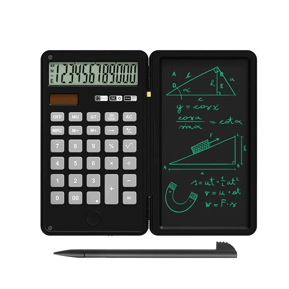 12 Digits Display Smart Calculator Handwriting Tablet Button Battery Solar Dual Power Supply Mini Scientific Calculator with Foldable Writing Tablet Financial Calculator Tablet Drawing Pad with Stylus Pen
