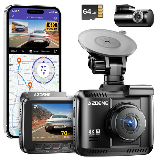AZDOME GS63H Pro 2CH Dash Cam 4K with Super Night Vision 24H Parking Mode With 64G Memory Card Dual Dash Cam  4K+1080P Front Rear Cameras