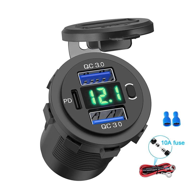 Three Port 12V/24V USB Charger Socket Dual 18W QC 3.0 & 20W PD USB-C For Car Motorcycle With Voltmeter Power Switch