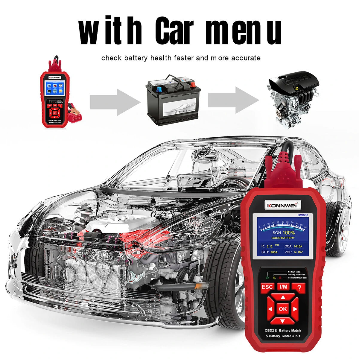 KONNWEI KW880 OBD2 Scanner 3 In 1 Car Diagnostic Tools Engine Tester & Car Battery Tester & Car Battery Match for Lead Acid Car SUV Light Truck