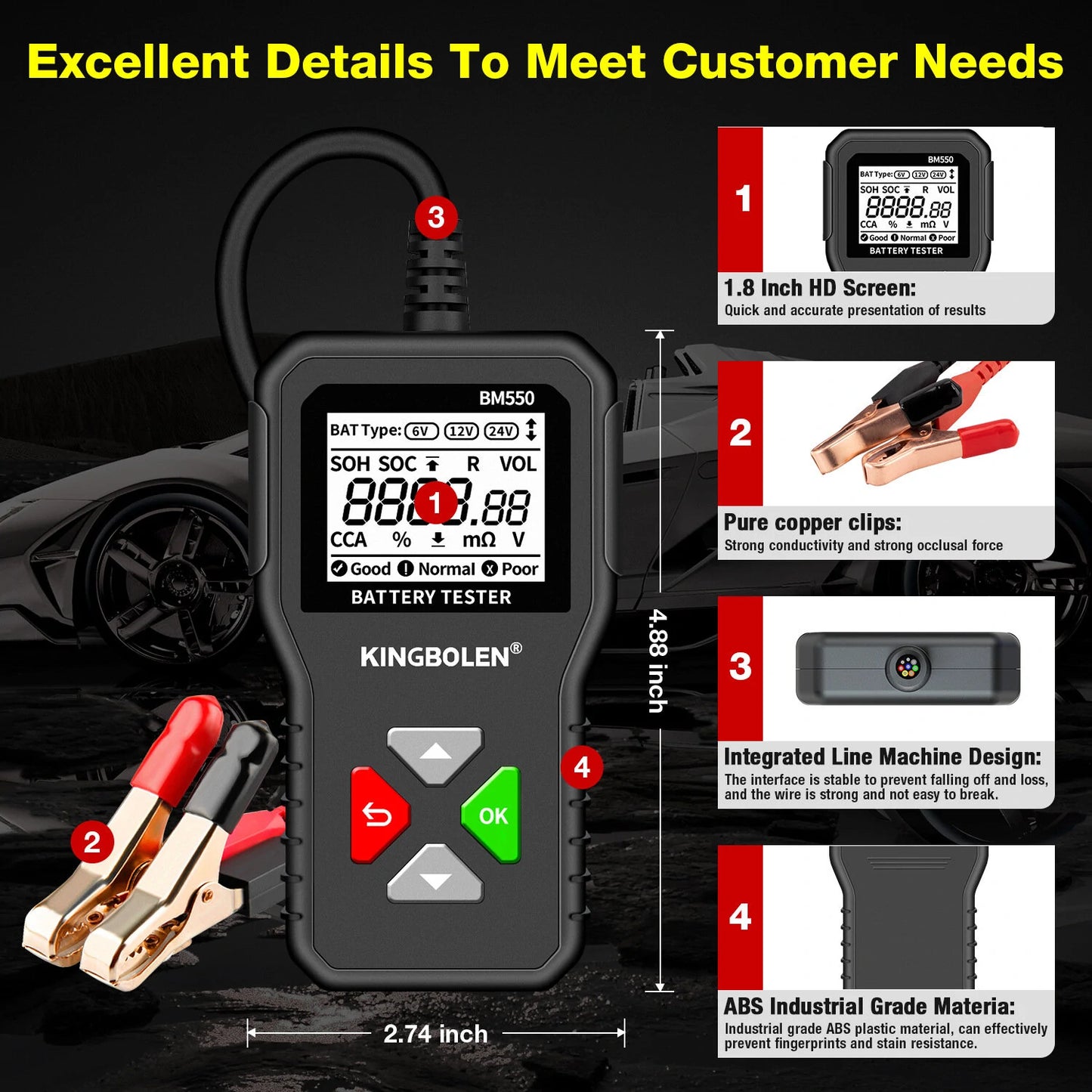 Kingbolen BM550 Car Electric Vehicle 6V 12V 24V Multi-Function Intelligent Digital Display Professional Battery Test Diagnosis