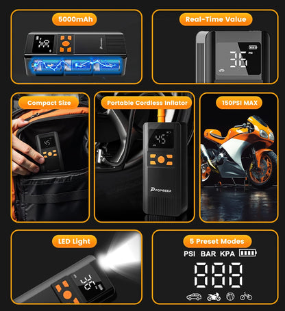 POPDEER PD-AP1 5000mAh 22.2Wh Wireless Car Air Compressor 12V 150PSI Portable Car Tire Inflator Smart Digital Inflatable Pump For Car Bicycle Boat Air Pump