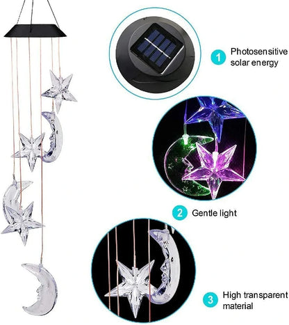 Star Moon Solar Wind Chimes Light  Color Changing Gift Portable Hanging Waterproof Mobile Romantic Wind Bell Outdoor Mom Gift Festival Home Patio Yard Garden Decoration