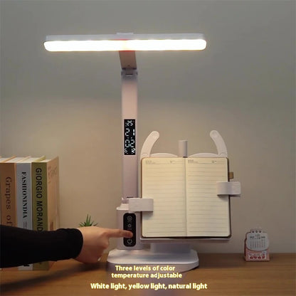 Elfeland LED Eye-Care Desk Lamp 3 Color Temperatures & 5-Level Brightness Dimmable USB Rechargeable 6000mAh With Clock & Thermometer Display Pen Holder Book Holder