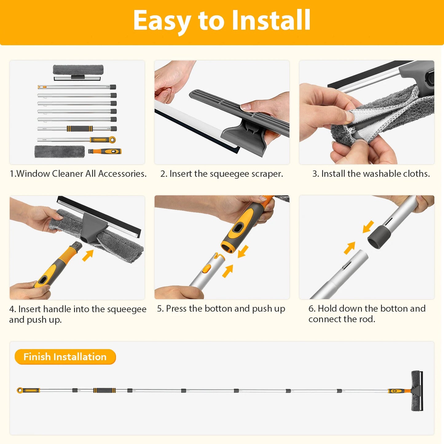 Professional Window Squeegee Cleaner, 2 in 1 Shower Squeegee with Extension Pole, 103 IN Telescopic Window Washing Equipment with Bendable Head, Glass Cleaning Tools for Indoor/Outdoor High Window