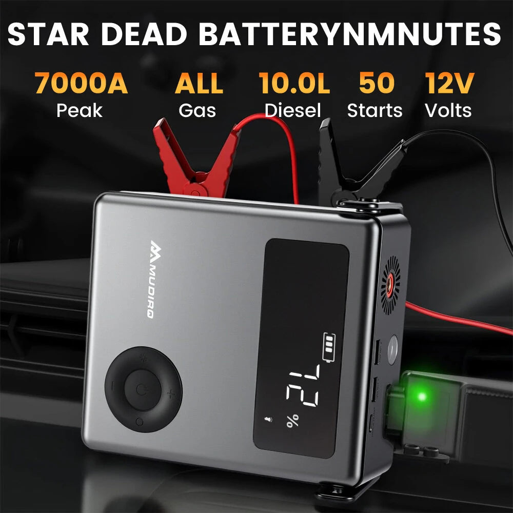 MUDIRO M-JC6 7000A Car Jump Starter with Air Compressor 150PSI PD65W Fast Charge 2 LED Lights Smart Display for Cars Motorcycles 10L Diesel Engines
