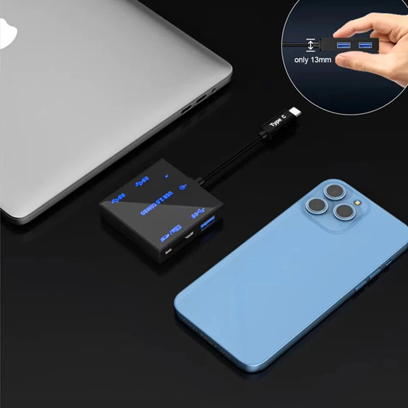 5-in-1 Type-C Docking Station with USB3.0*3 / TF&SD Card Reader Slot Multiports External Hubs Adapter with LED Backlight for PC Laptop Computer