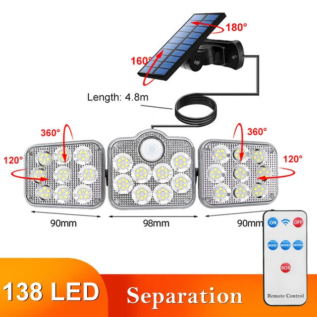 Elfeland 108/122/138/171 LED Solar Lights 3 Head Motion Sensor 270 Wide Angle Illumination Outdoor Waterproof Remote Control Wall Lamp