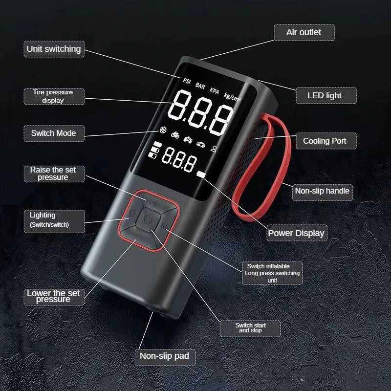 80W Portable Electric Air Pump Power Bank 2000mAh x 3 Cordless Car Air Pump For Car Tires Bicycles with LED Emergency Light