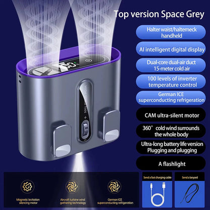 Dual Air Duct Waist-hanging Fan 100 Speeds Wind Clip 6000mAh Rechaegeable Air Cooling Brushless Fan Light Outdoor Lanyard Fan