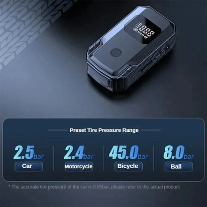 Car Jump Starter with Air Compressor Portable Booster Charger 1200A Powerful Battery Starting Device with Flashlight Tire Inflator