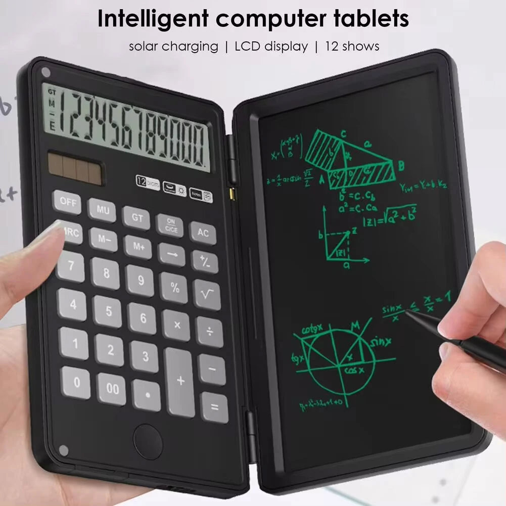 12 Digits Display Smart Calculator Handwriting Tablet Button Battery Solar Dual Power Supply Mini Scientific Calculator with Foldable Writing Tablet Financial Calculator Tablet Drawing Pad with Stylus Pen