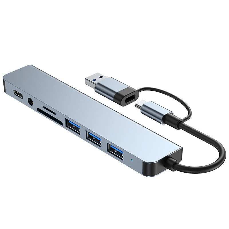 8 in 1 Type-C Docking Station USB-C Hub Splitter Adaptor with USB3.0*2 USB2.0*2 USB-C Data*1 SD/TF Card Reader Slot 3.5mm Audio Multiports Hub for PC Laptop