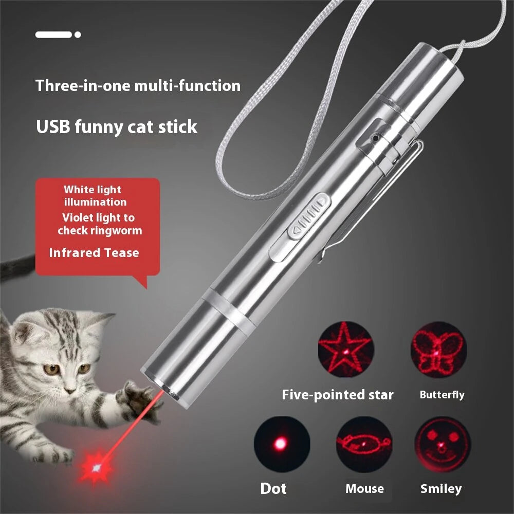 3-in-1 Red Light Cat Teaser Stick + White Light Mini Torch + UV Flashlight, USB Rechargeable Detecting Mini Pointer Pen Light