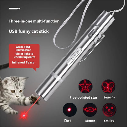 3-in-1 Red Light Cat Teaser Stick + White Light Mini Torch + UV Flashlight, USB Rechargeable Detecting Mini Pointer Pen Light