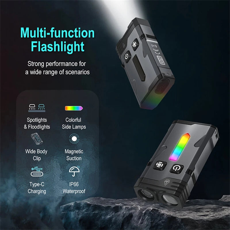 SEEKNITE EV10 1100LM EDC Keychain Flashlight Polypan-RGB Flash Color Clip-on Light Type-C Rechargeable Mini Portable Magnetic Flash Lights for Signaling Cycling Outdoor or Indoor Use