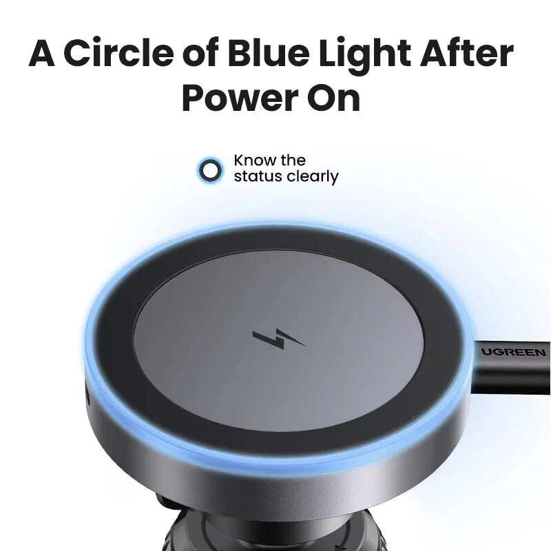 UGREEN Magnetic Car Phone Holder Wireless Charger Stand for Magsafe Car Charger LED Light for iPhone 16 15 14 Pro Max Charging
