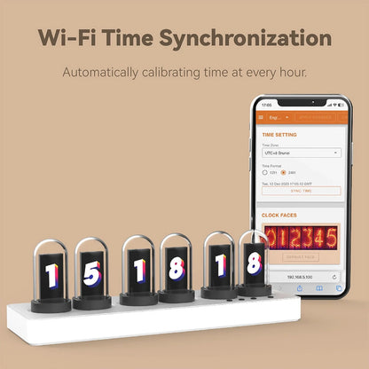 MiniIPS Multi-Function Wireless Control Smart Desktop Alarm Clock 6-Digit Color Screen Digital Clock Wifi Control Quasi-Glow Tube Alarm Clock Wireless Phone Table Decoration