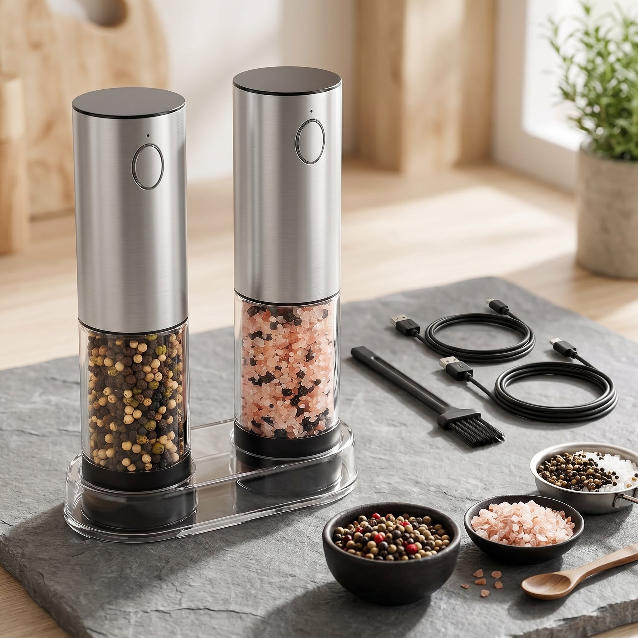 Automatic Stainless Steel Salt and Pepper Mill with Adjustable Coarseness
