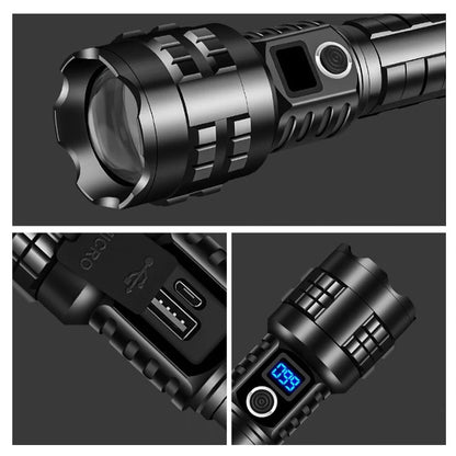 Powerful Tactical P70 LED Flashlight 3 Modes USB Power Display Torch with Self Rescue Hammer Broken Window Emergency