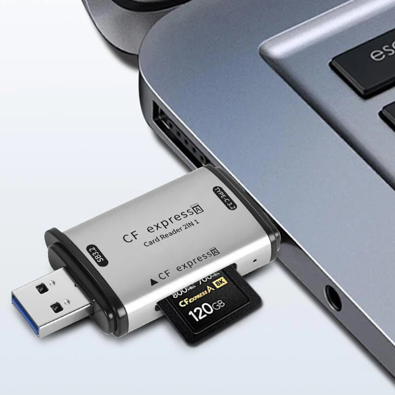 USB3.2 Gen2 CFExpress Card Reader 10Gbps High Speed 2 in 1 USB & Type-C Memory Card Reader Zinc Alloy Portable Design for Smartphone PC Computer Plug and Play