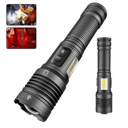 6502B  XHP70 Super Bright Zoomable Power Bank LED Flashlight with COB Side Light Hunting Red Blue Light USB Rechargeable Lighting Electric Lamp Outdoor Fishing Camping Torch