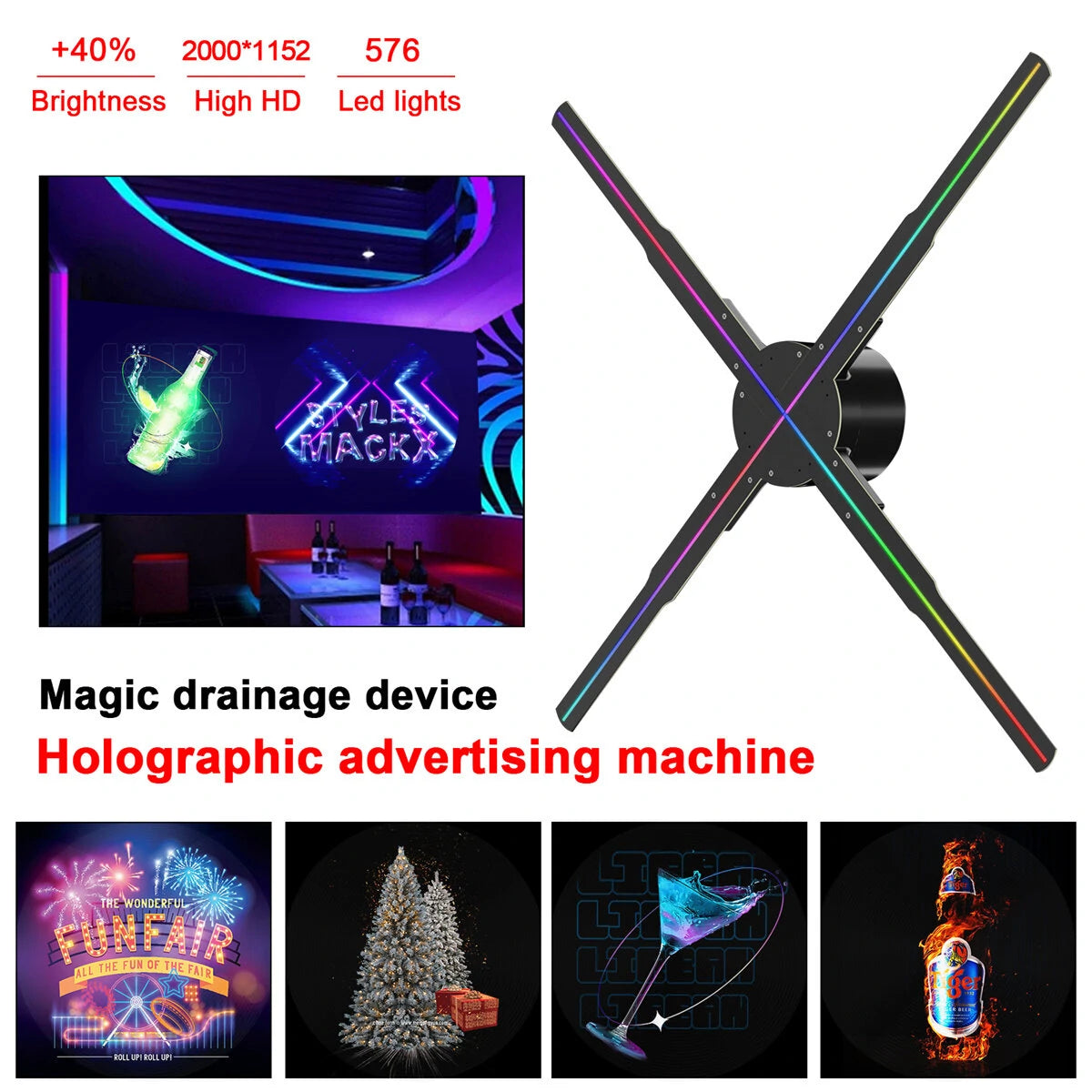 Elfeland P50 Wifi Holographic Fan 3D Advertising Machine 576 LED Sign Neon Smart HD Player Support Video Picture Logo Holographic Light EU Plug