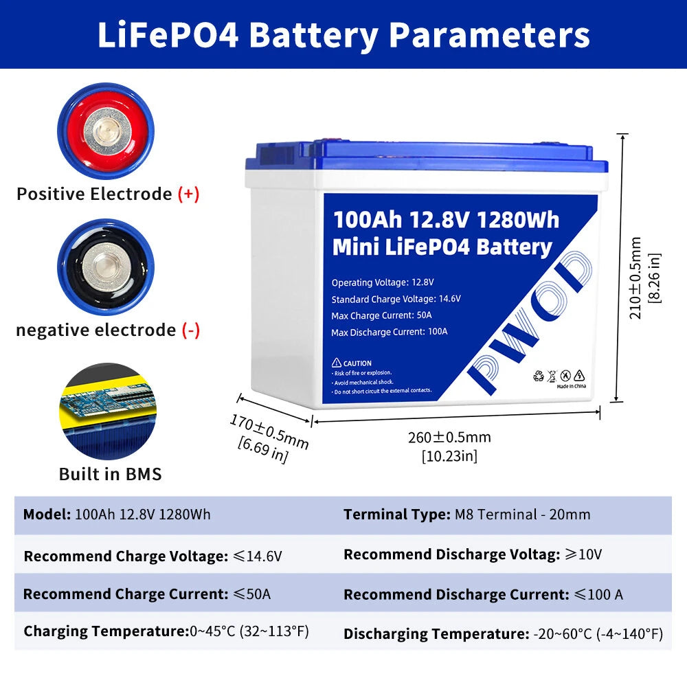 PWOD 12.8V 100Ah 1280Wh Mini LiFePO4 Battery Pack Grade A Build-in BMS Lithium Iron Phosphate For RV EV Camping