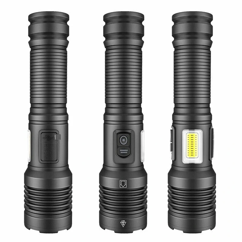 6502B  XHP70 Super Bright Zoomable Power Bank LED Flashlight with COB Side Light Hunting Red Blue Light USB Rechargeable Lighting Electric Lamp Outdoor Fishing Camping Torch