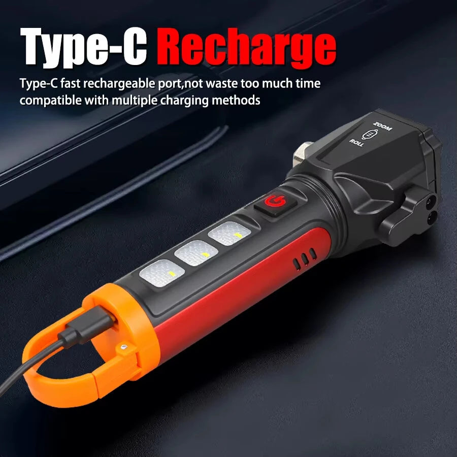 BL-X90 Zoom Handheld Flashlight with Dual Light Source Safety Hammer & Seat Belt Cutter USB-C Rechargeable Waterproof for Car Emergency Outdoor Tactical Lamp with Hook