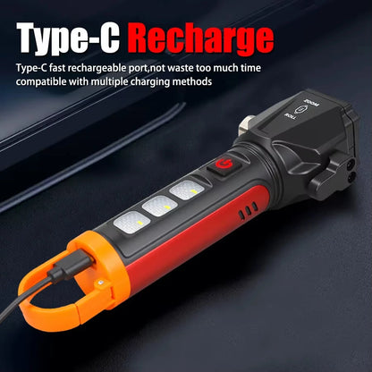 BL-X90 Zoom Handheld Flashlight with Dual Light Source Safety Hammer & Seat Belt Cutter USB-C Rechargeable Waterproof for Car Emergency Outdoor Tactical Lamp with Hook