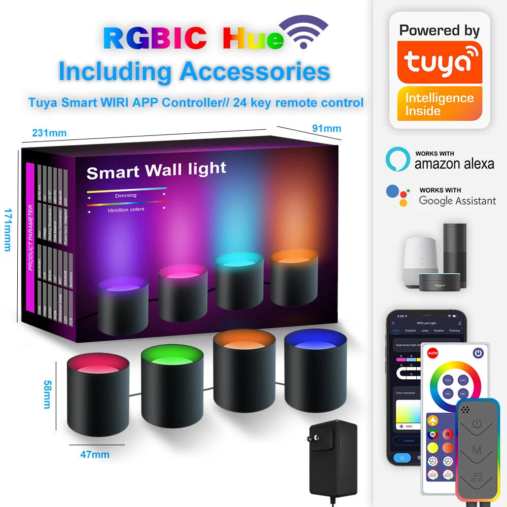 4/6 Pack TUYA WIFI Smart Wall Lamp RGB Music Sync LED Modern Decor Downlight Simple Wall Light Work With Alexa Google Assistant