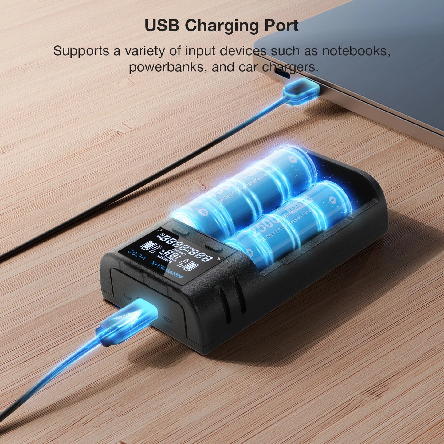 Astrolux VC02 Intelligent 2-Slot LCD Battery Charger Type-C 2A Quick Charge Mix-charging of 1.2V Ni-MH/Ni-CD AA/ AAA/ AAAA 3.6V/ 3.7V Li-ion/ IMR/ INR/ ICR 14500/ 18650/ 21700/26650 Battery For Cells Flashlight RC Toys Home Tools