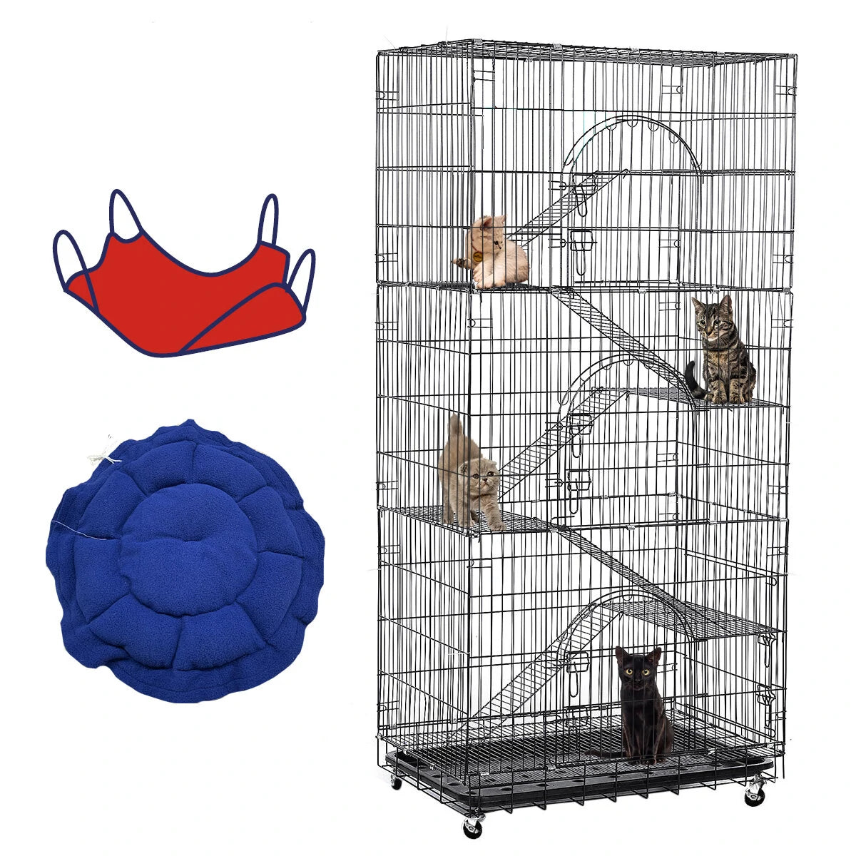 PawGiant Oversized 6 Tier Cat Cage 77" Tall 1-5 Cats w/Hammock, Cat Bed & 5 Ramp Ladders 5 Platforms 3 Front Door Tray Cat Litter Playpen Cat House Pet Pen