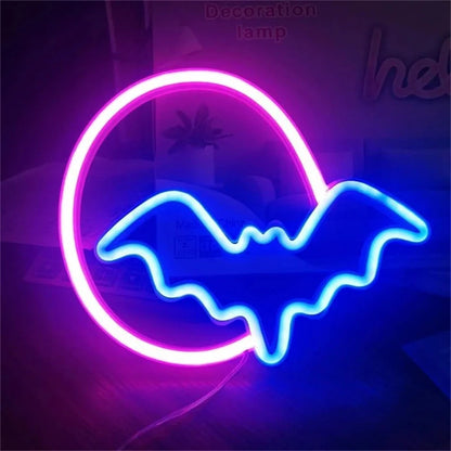 Halloween Bat Moon Neon Sign LED Light USB or Battery Powered IP42 Waterproof Festive Wall and Table Decor