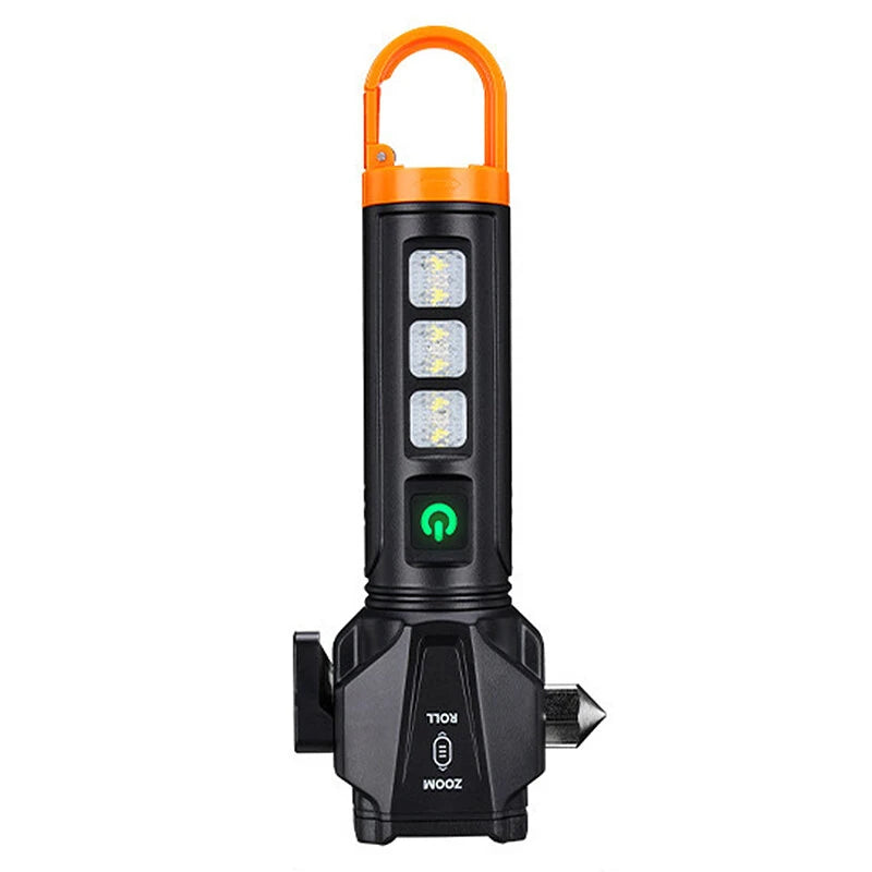 BL-X90 Zoom Handheld Flashlight with Dual Light Source Safety Hammer & Seat Belt Cutter USB-C Rechargeable Waterproof for Car Emergency Outdoor Tactical Lamp with Hook