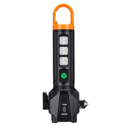 BL-X90 Zoom Handheld Flashlight with Dual Light Source Safety Hammer & Seat Belt Cutter USB-C Rechargeable Waterproof for Car Emergency Outdoor Tactical Lamp with Hook