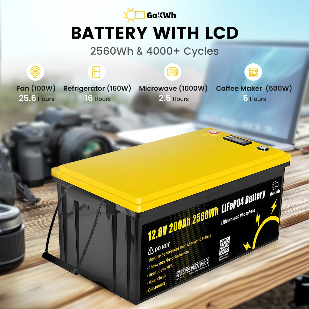 Gokwh 12V 200ah LCD Energy Storage Box 2560Wh  Solar Lithium Ion LiFePO4(LFP)  Battery  for RV Boat Home Energy Storage