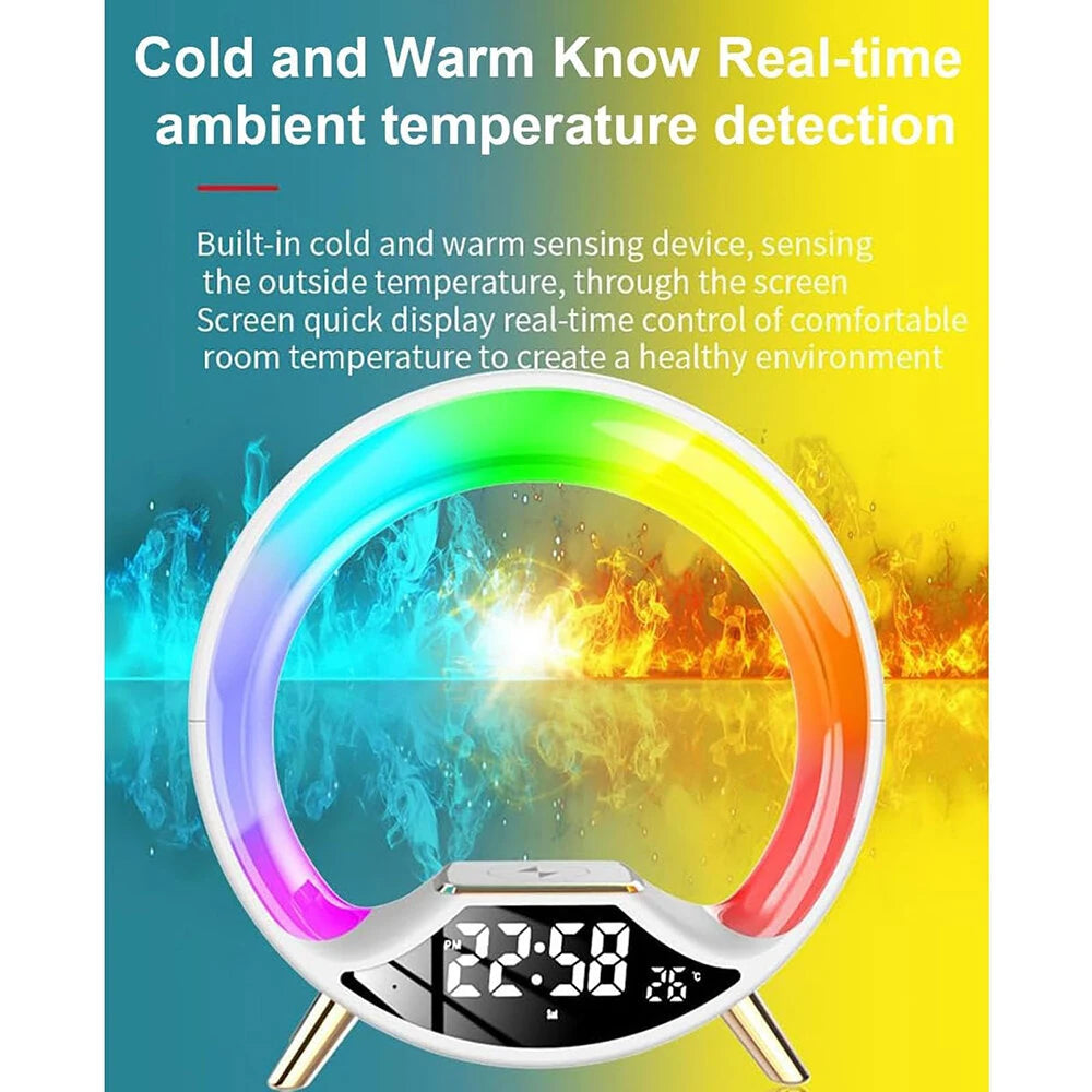 Multifunctional RGB LED Night Light Clock with Bluetooth Speaker Colorful Ambiance Lighting Wireless Charging Phone Fast Charging