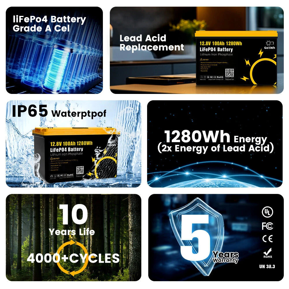 Gokwh 12V 100AH LiFePO4 Lithium Battery 1280Wh Energy Storage Box Battery Pack Series Built-in Smart bluetooth  BMS