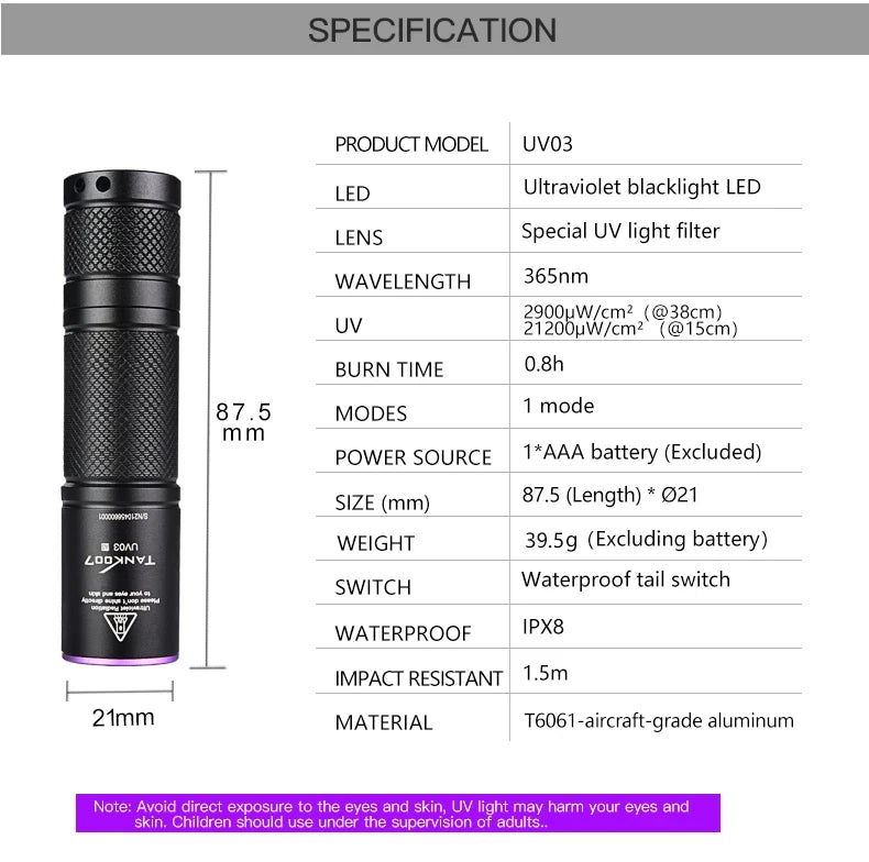 TANK007 UV03 High Power UV 365nm LED Flashlight NDT EDC Portable Blacklight Powerful Torch Detector