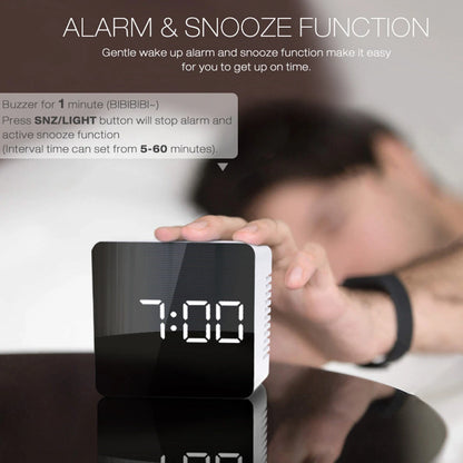 Digoo Wireless USB Mirror Alarm Clock LED Digital Therometer Temperature Night Mode Black DG-DM1