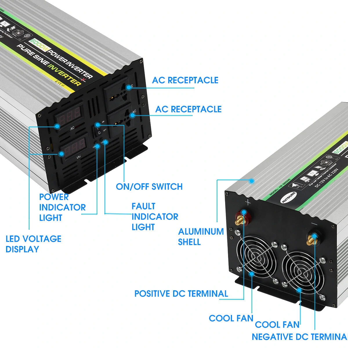 AUTSOME 12V to 220V Converter Pure Sine Wave Power Inverter Dual LCD Digital Display 2 Sockets Multiple Protection Functions
