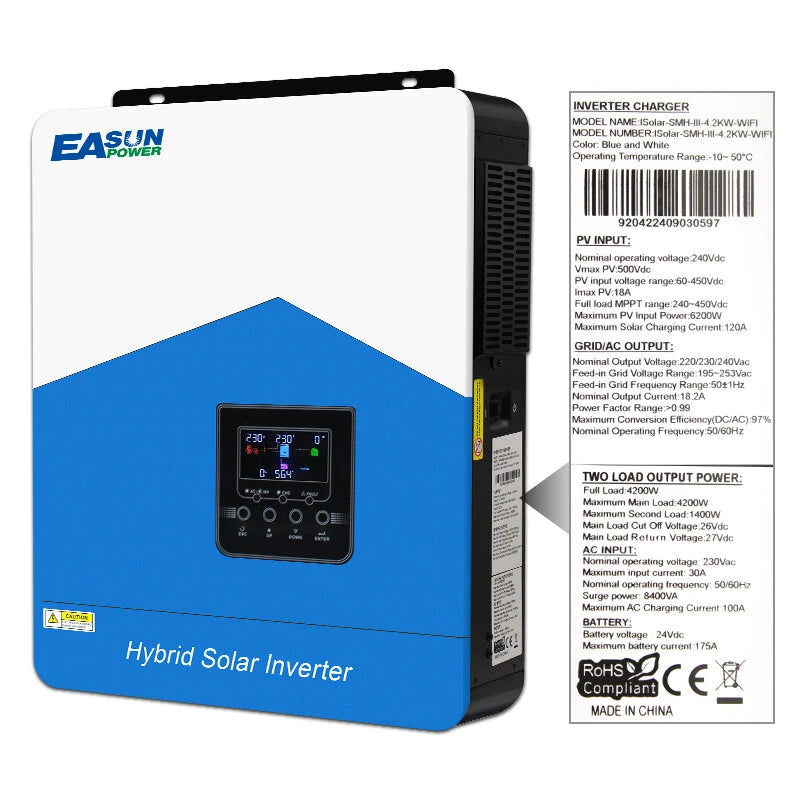 [EU Direct] EASUN POWER Solar Hybrid Inverter 4200W 220V MPPT 120A Solar Charger PV 6200W 450VDC Input Pure sine wave inverter Support With WIFI-GPRS Remote Monitoring LCD, For Lead-Acid, Lithium Battery and LifePo4, EASUNPOWER ISolar SMH III 4.2KW--WIFI