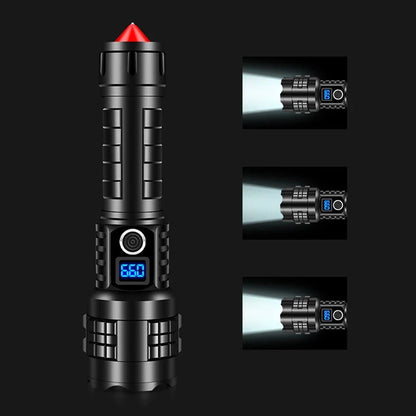 Powerful Tactical P70 LED Flashlight 3 Modes USB Power Display Torch with Self Rescue Hammer Broken Window Emergency